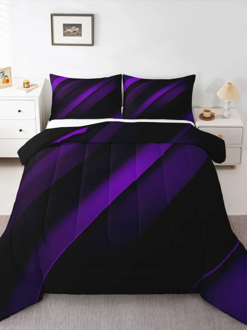 Purple Black Stripes King Size Comforter Set,Kids Neon Gradient Decor All Season